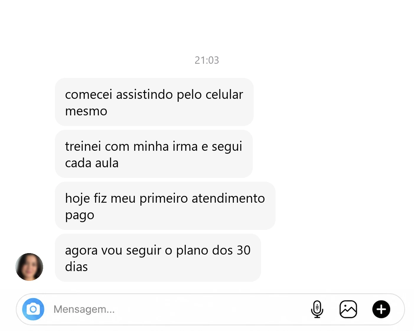 Exemplo ilustrativo de mensagem de aluna do método